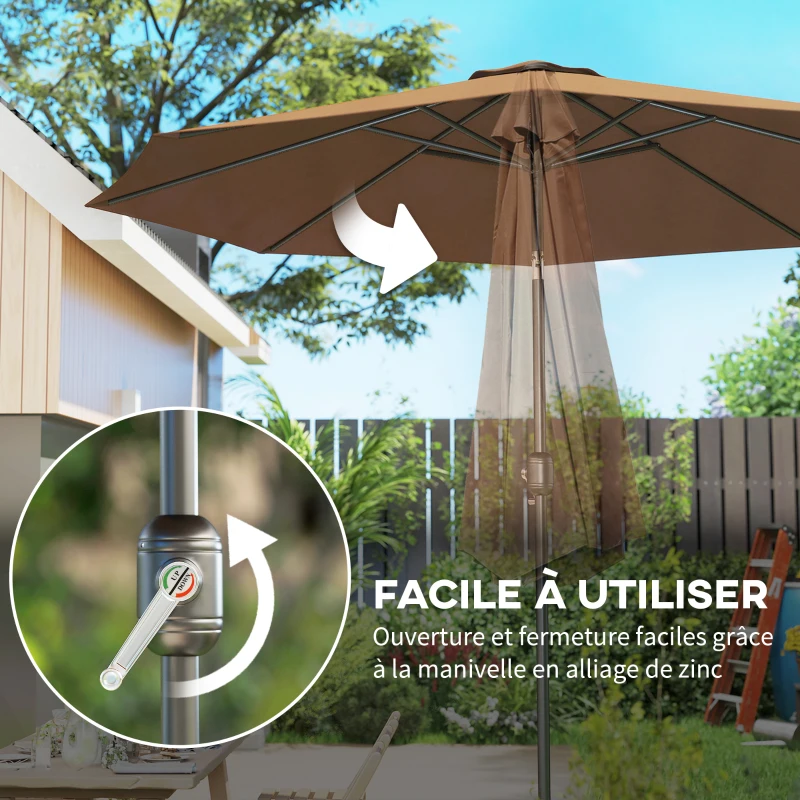 Outsunny Parasol de jardin extérieur Parasol droit inclinable Ø 3 m en métal Rond Polyester 180g/m² manivelle inclinable Chocolat