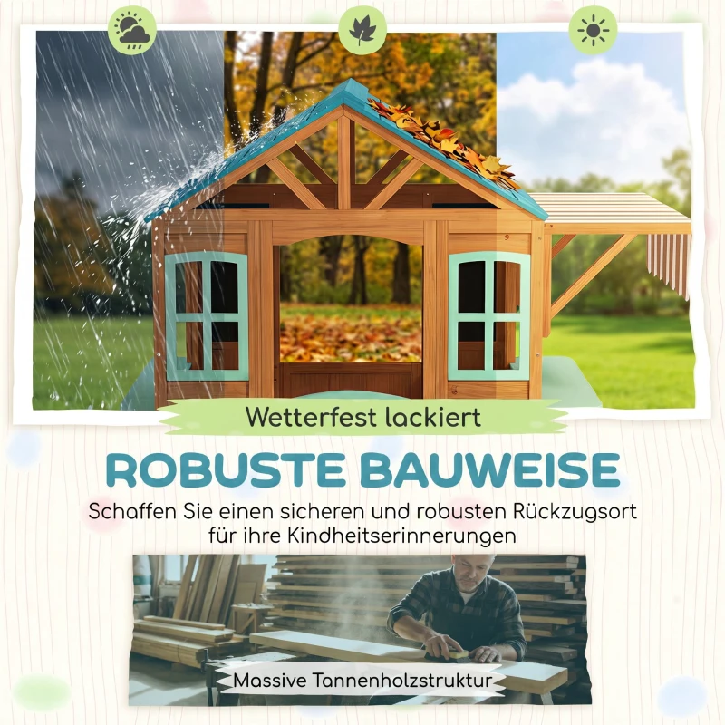 AIYAPLAY Outdoor Kinderspielhaus mit Verkaufstheke Pflanzenkasten Kreidetafel Zieltuch 4 Ball 142 x 120 x 141,5 cm Mehrfarbig