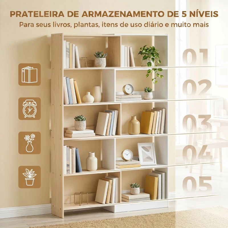 HOMCOM Estante Expansível 5 Níveis Estante para Livros Giratória 350° Largura Ajustável Convertível em L Reta ou Compacta 111,5x23,8x163,7 cm Madeira e Branco