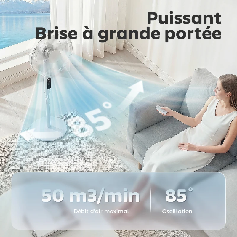 HOMCOM Ventilateur sur pied contrôlé par APP, ventilateur 45 cm avec télécommande, 3 vitesses, 3 modes, hauteur réglable, blanc