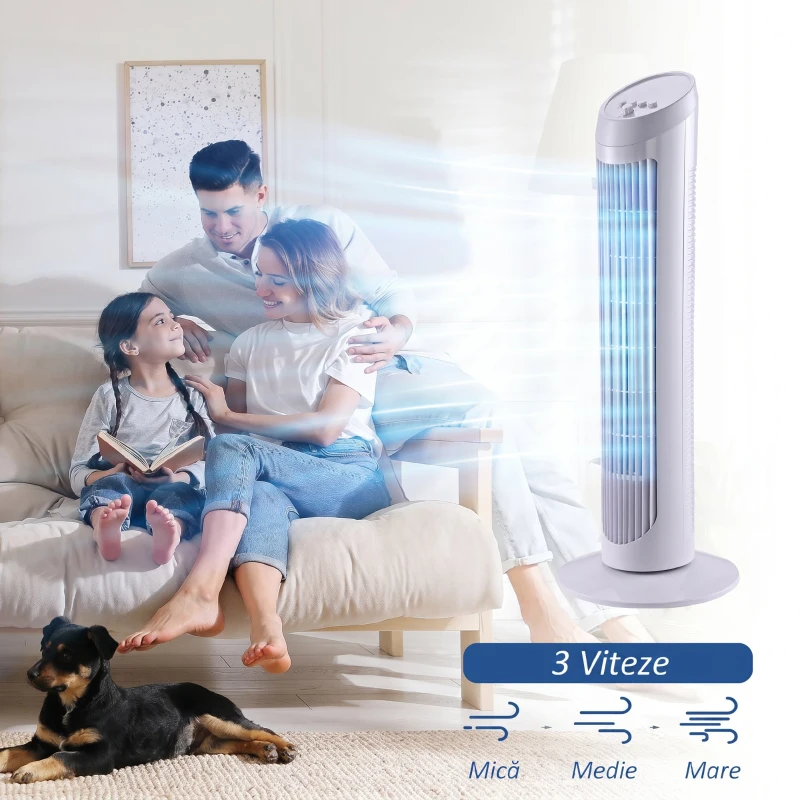 HOMCOM Ventilator turn oscilant de 45W cu 3 trepte de viteză, ventilator coloană din plastic ABS, 27x27x75 cm, alb