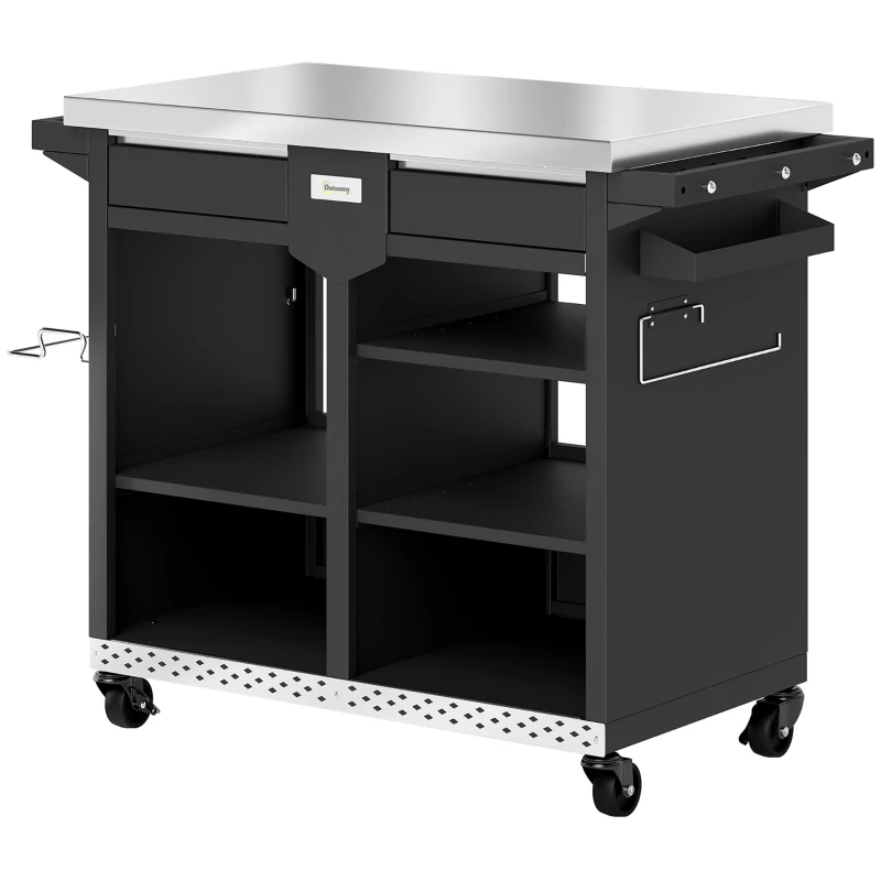 Outsunny Grillwagen 5-Etagen Grilltisch mit Edelstahl Arbeitsfläche verstellbar Regale Schublade Rollen Gewürzhalter Müllständer