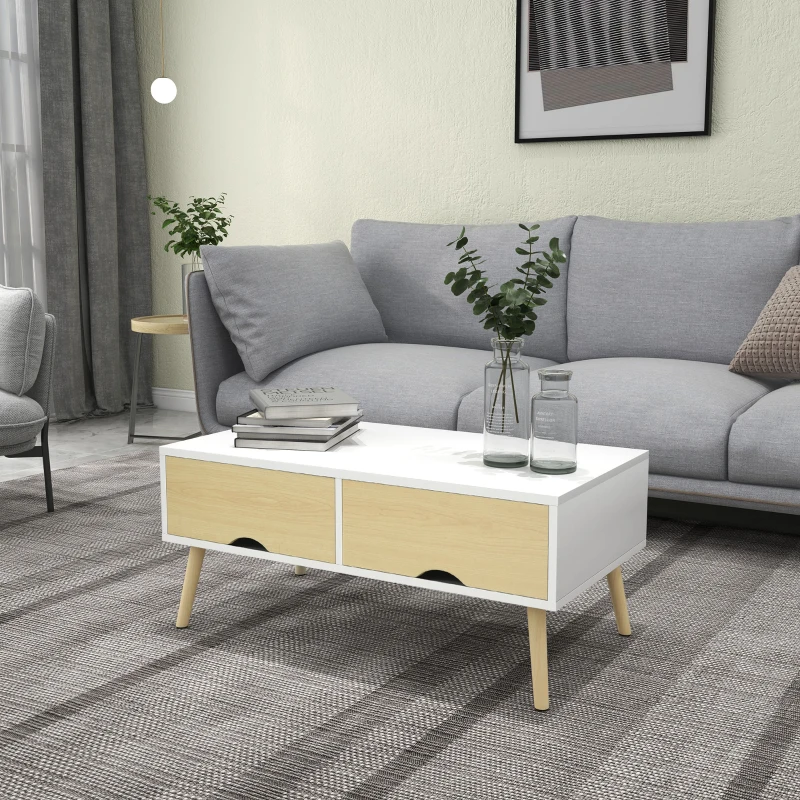 HOMCOM Table basse de salon rectangulaire avec 2 tiroirs et 1 compartiment ouvert 90 x 48 x 39 cm blanc et naturel
