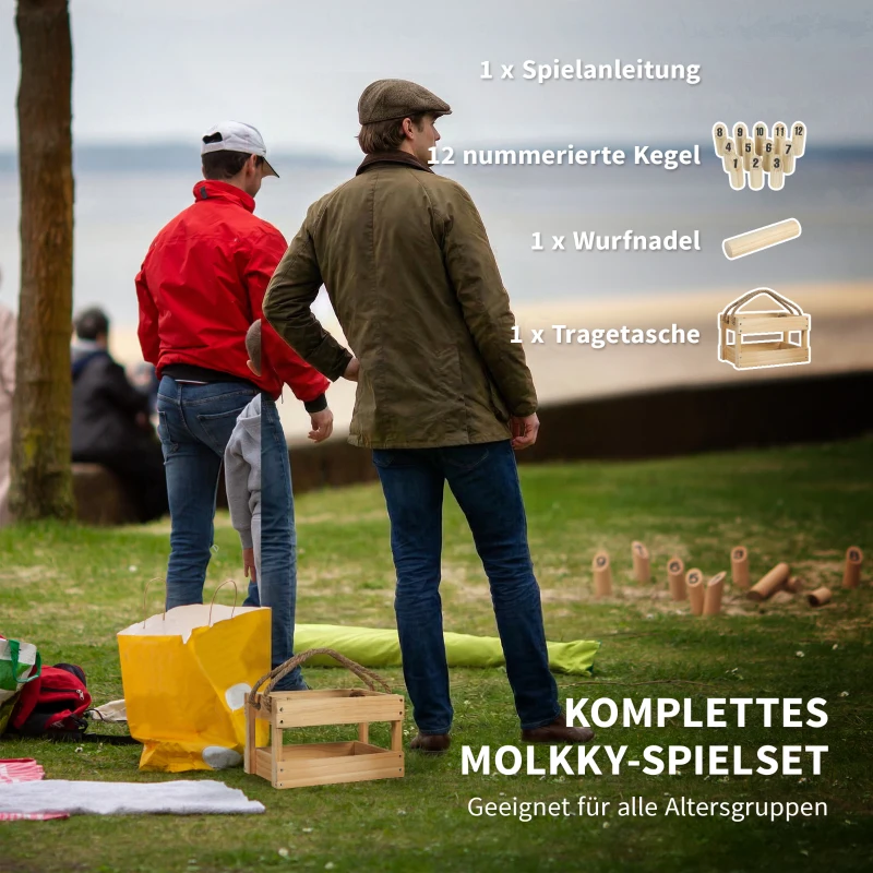 SPORTNOW Mölkky Spiel Wurfspiel Holz Kubb Wikingerspiel mit 12 Skittles 1 Stock Transportbox für Familie Gruppen