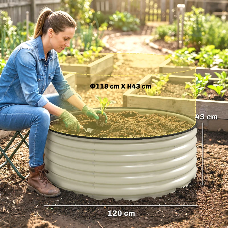 Outsunny Hochbeet, Verzinkter Pflanzkübel mit Sicherheitsrand, Pflanzbox mit offenem Boden, 120 x 120 x 43 cm, Cremeweiß