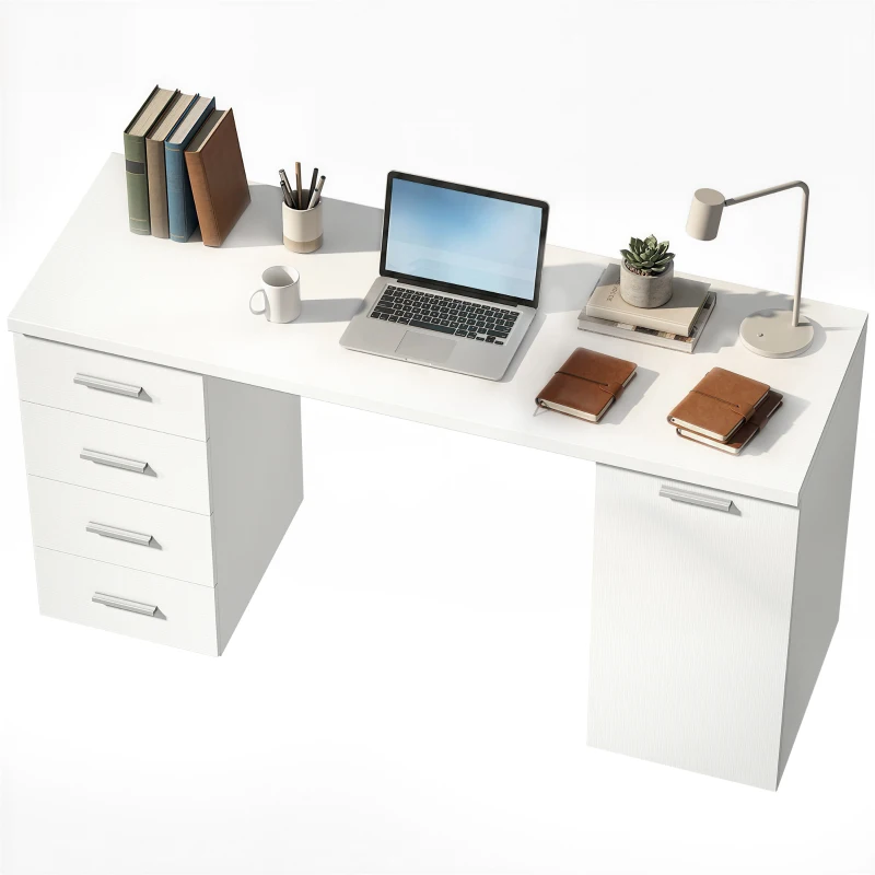 HOMCOM Computertafel met 4 laden en kast, 140 cm bureau voor werkkamer, witte houtlook