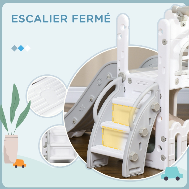 AIYAPLAY Toboggan pour enfants 5 en 1 avec panier de basket escalade télescope espace de rangement 70 x 177 x 92 cm gris