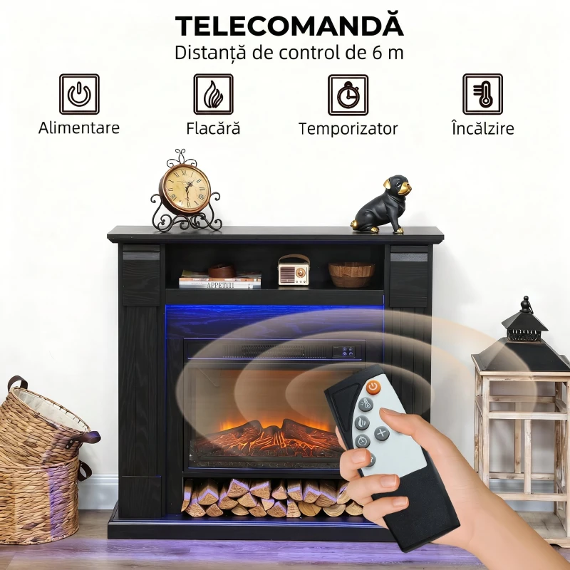 HOMCOM Șemineu Electric de 1800W Reglabil cu Flacără 3D, Raft, Timer și Telecomandă, 105x27x97 cm, Negru