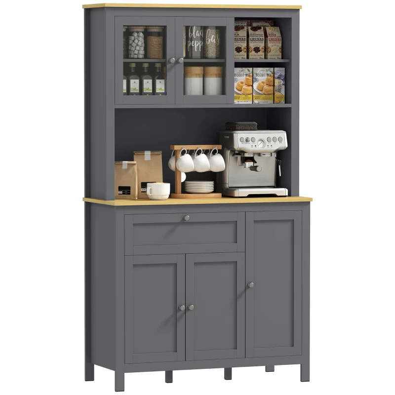 HOMCOM Armoire de cuisine buffet cuisine 5 portes dont 2 portes vitrées et 1 tiroir, 1 niche centrale - hauteur 180 cm gris