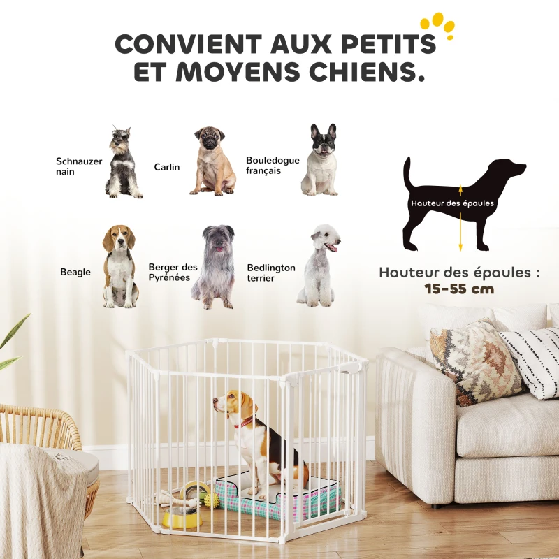 PawHut Barrière de sécurité en métal parc enclos pliable et modulable pour chien et enfant 6 panneaux 61 x 75 cm blanc