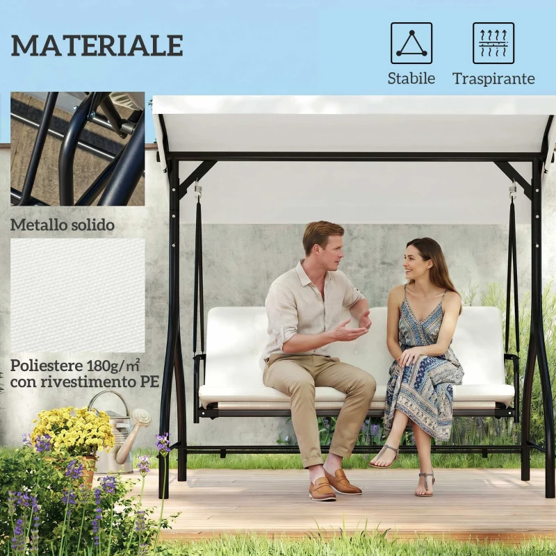 Outsunny Dondolo Letto da Giardino 3 Posti con Tettuccio Regolabile, in Acciaio e Poliestere, 195x117x175 cm, Crema e Nero
