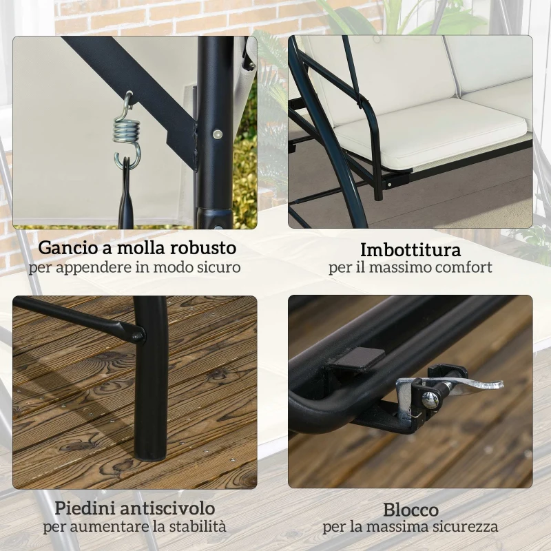 Outsunny Dondolo Letto da Giardino 3 Posti con Tettuccio Regolabile, in Acciaio e Poliestere, 195x117x175 cm, Crema e Nero