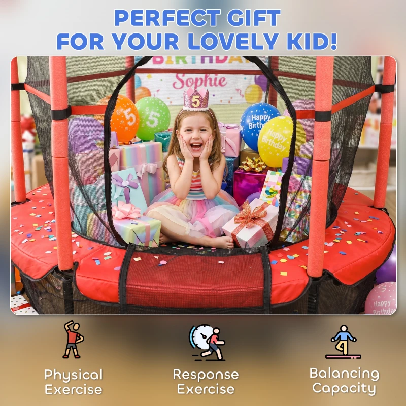 HOMCOM Trambulin Elastic pentru Copii Ø1.6x1.9 m cu Plasă de Siguranță și Stâlpi Căptușiți, Vârsta 3-10 Ani, Roșu
