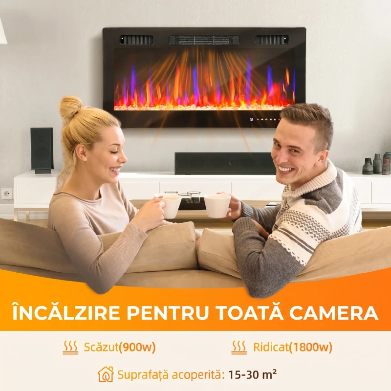 HOMCOM Șemineu Electric de Perete 900/1800W Ultra Subțire 9,4cm, 12 Culori Flacără 3D și Cristal Reglabil, Șemineu Electric cu Telecomandă, Touchscreen, Timer, Termostat, 30㎡ Negru