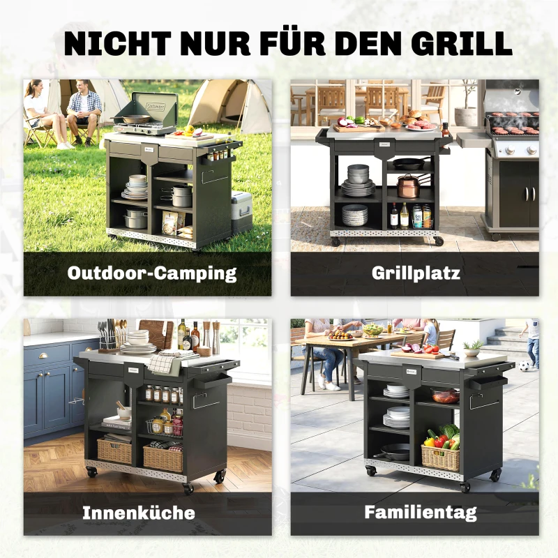 Outsunny Grillwagen 5-Etagen Grilltisch mit Edelstahl Arbeitsfläche verstellbar Regale Schublade Rollen Gewürzhalter Müllständer