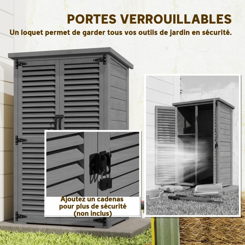 Outsunny Armoire de Jardin Remise Pour Outils en Bois 2 Étagères Toit Bitumé Portes Persiennes Verrouillable 75 x 50 x 118cm Gris