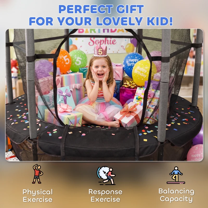 HOMCOM Trambulin Elastic pentru Copii Ø1.6x1.9 m cu Plasă de Siguranță și Stâlpi Căptușiți, Vârsta 3-10 Ani, Negru