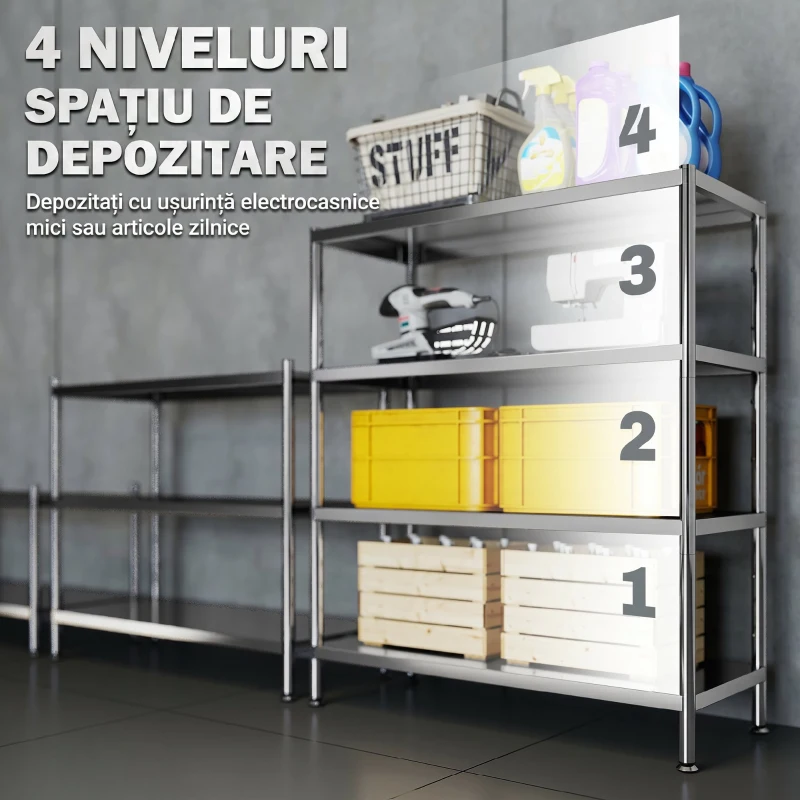 HOMCOM Raft de bucătărie cu 4 niveluri ajustabile pe 10 înălțimi diferite, din oțel inoxidabil, 91x40x108 cm, argintiu
