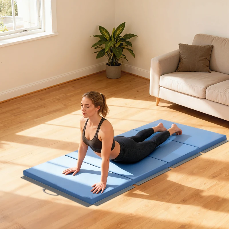 HOMCOM Tapis de gymnastique yoga pilates fitness pliable en 4 avec poignées revêtement synthétique 180 x 80 x 5 cm bleu clair