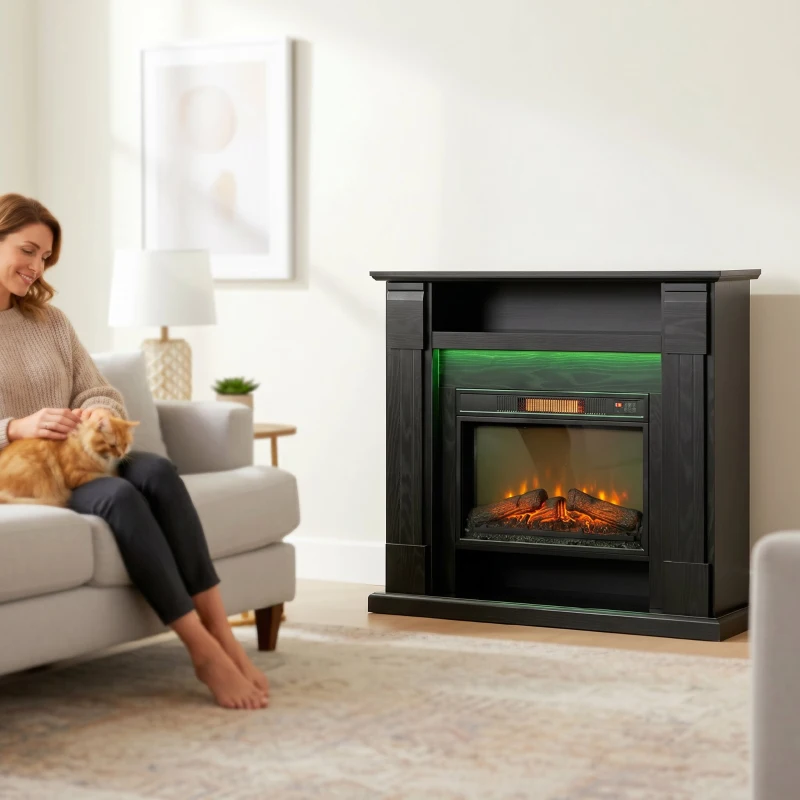 HOMCOM Șemineu Electric de 1800W Reglabil cu Flacără 3D, Raft, Timer și Telecomandă, 105x27x97 cm, Negru
