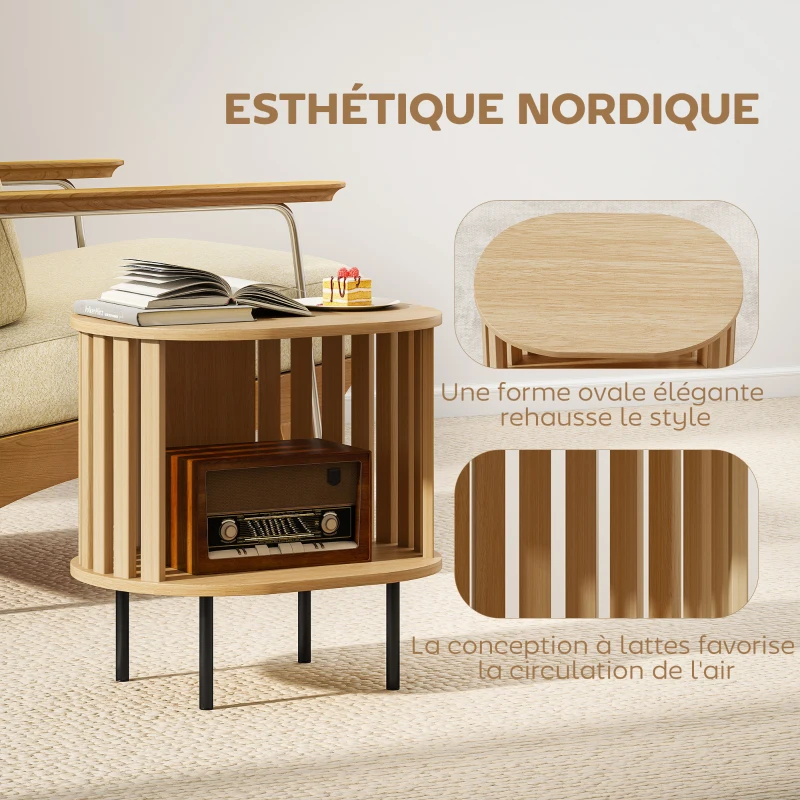 HOMCOM Table d'appoint ovale bout de canapé rangement ouvert pieds en acier design à lattes 50x39x50cm effet bois naturel