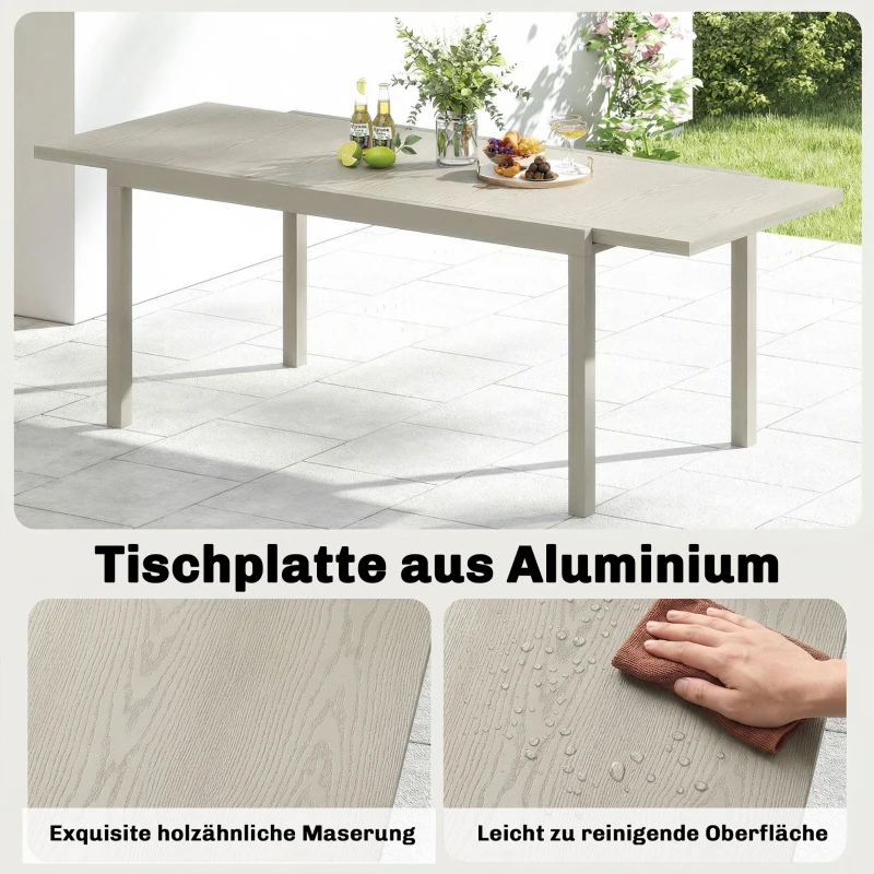 Outsunny Gartentisch Ausziehbarer 154/214 x 85 cm Aluminium Esstisch für 8-10 Personen mit Holzoptik Hellgrau
