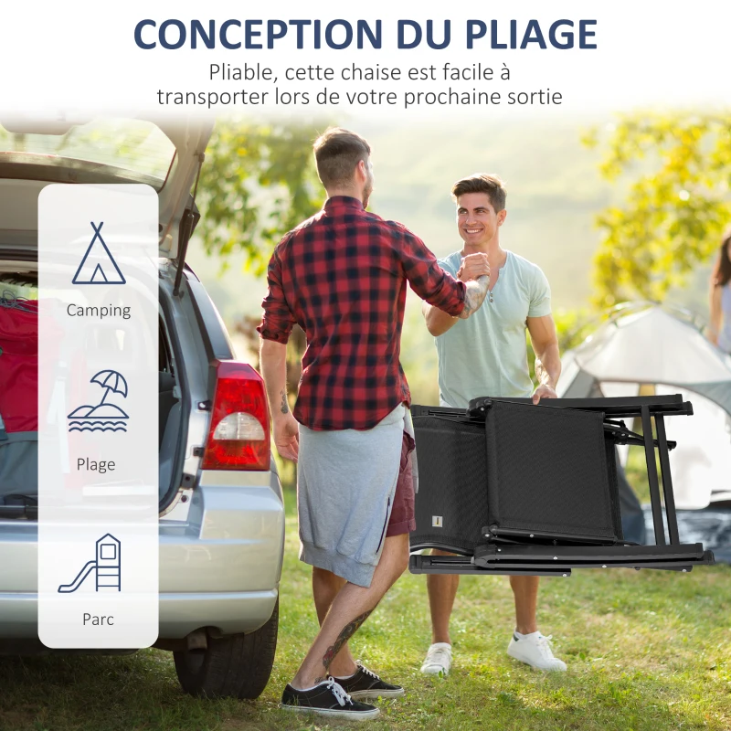 Outsunny Chaise longue pliable, transat bain de soleil inclinable avec dossier réglable sur 9 positions, coussin lombaire, noir