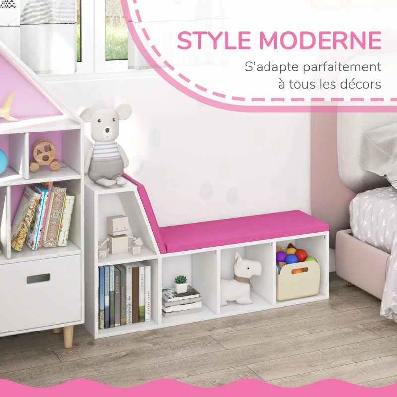 HOMCOM Bibliothèque banc 2 en 1 avec 5 compartiments de rangement et 2 coussins 108 x 30 x 60 cm blanc rose