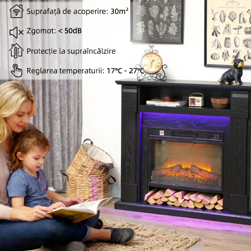 HOMCOM Șemineu Electric de 1800W Reglabil cu Flacără 3D, Raft, Timer și Telecomandă, 105x27x97 cm, Negru