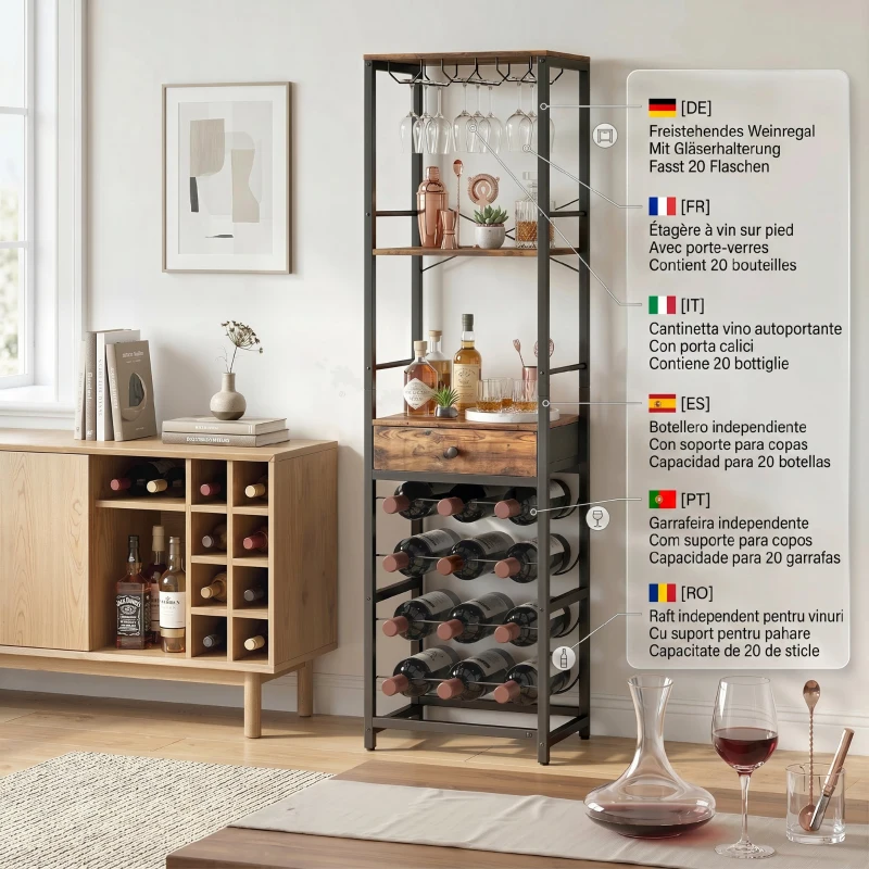 HOMCOM Dulap de Bar, Mobilier de Bar cu Sertar și Suport pentru Pahare, Maro Rustic