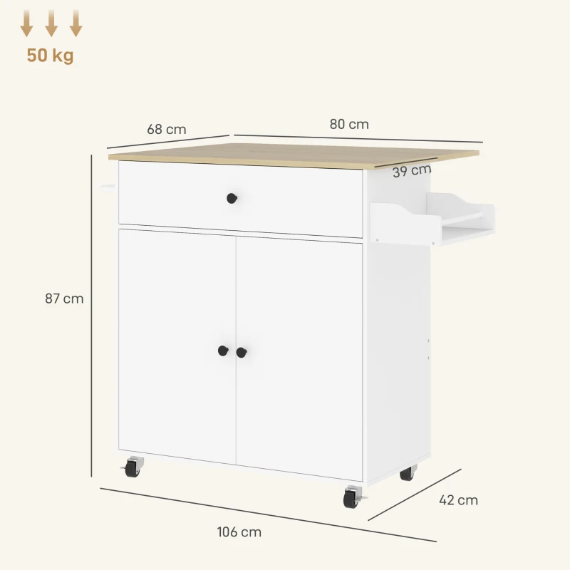 HOMCOM Insulă de Bucătărie cu Sertar, Dulap, Suport pentru Condimente și Prosoape, 106x42x87 cm, Alb și Stejar