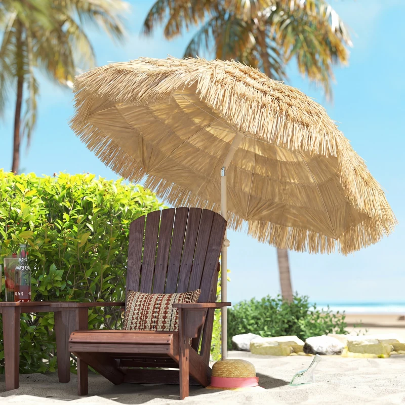 Outsunny 150 cm Hula Strohdach Tiki Strand- und Gartenschirm mit Sandanker, verstellbarer Höhe und Neigefunktion, Strohdach Sonnenschirm