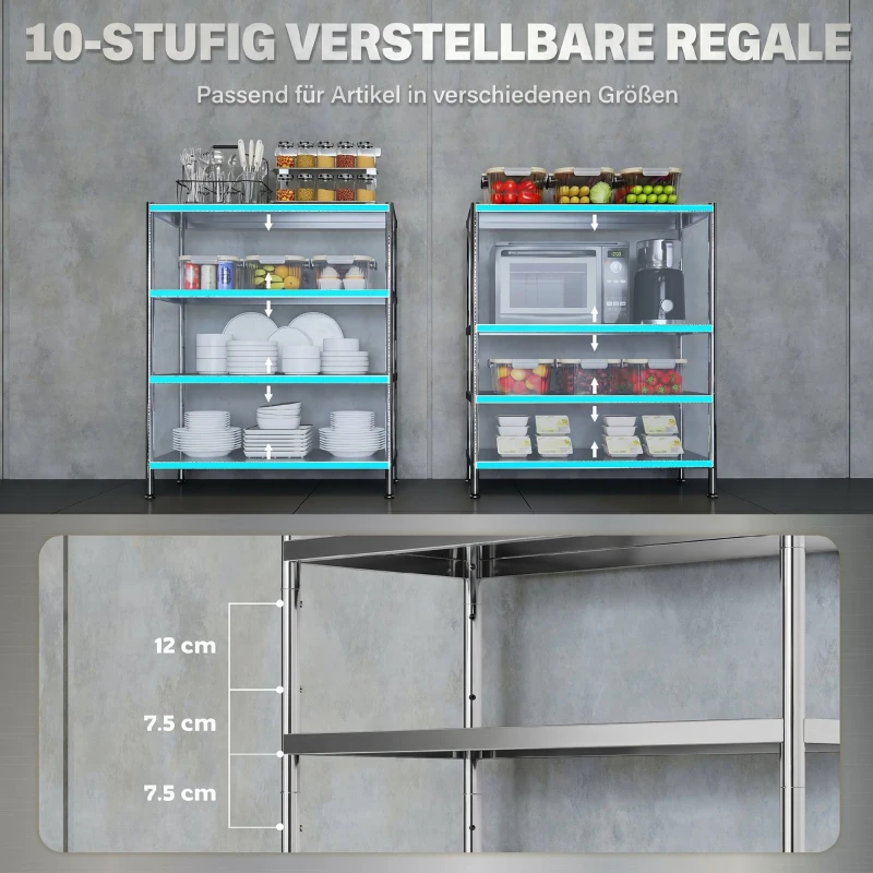 HOMCOM Raft de bucătărie cu 4 niveluri ajustabile pe 10 înălțimi diferite, din oțel inoxidabil, 91x40x108 cm, argintiu