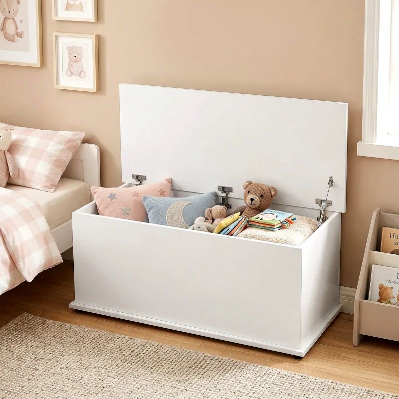 HOMCOM Truhe Aufbewahrungsbox Sitztruhe mit Stauraum Sicherheitsscharniere Holzkiste mit klappbarem Deckel für Wohnzimmer, Schlafzimmer, Spanplatte Weiß 100 x 40 x 40cm