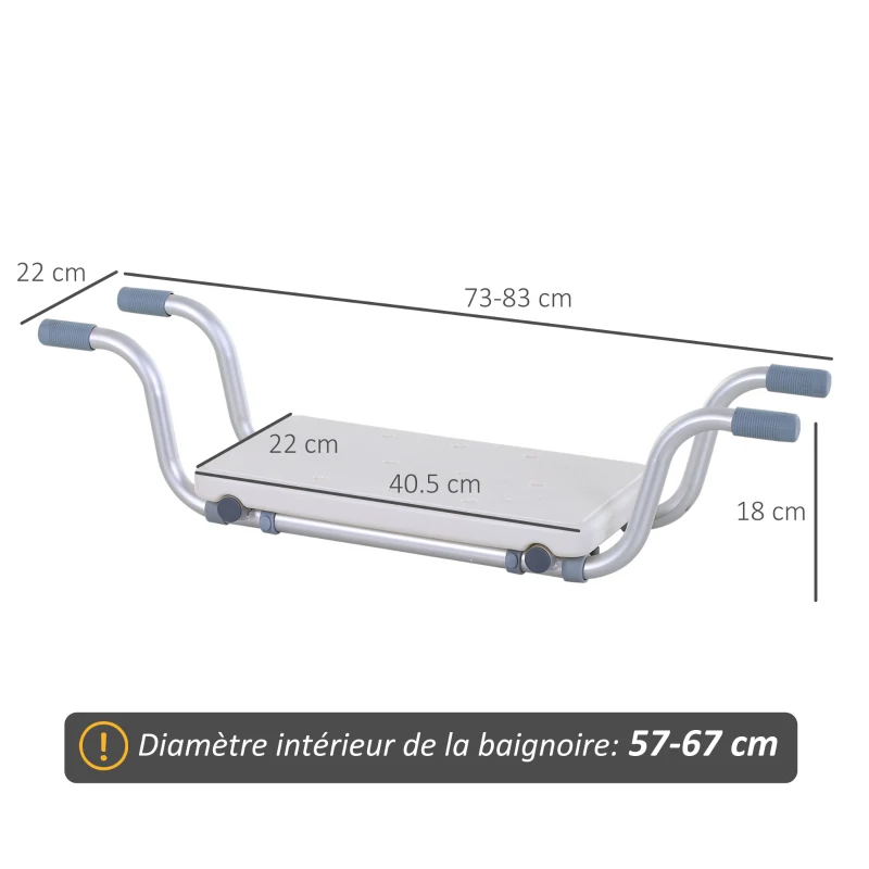 HOMCOM Siège de Baignoire - siège de Bain Suspendu réglable - Tabouret de Salle de Bain - dim. 73-83L x 22l x 18H cm - alu. HDPE Blanc