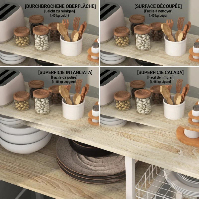 HOMCOM Dulap de Bucătărie Modern cu 4 Rafturi, Coș și Cârlige din Lemn și Oțel, 90x40x84.5cm, Stejar și Alb