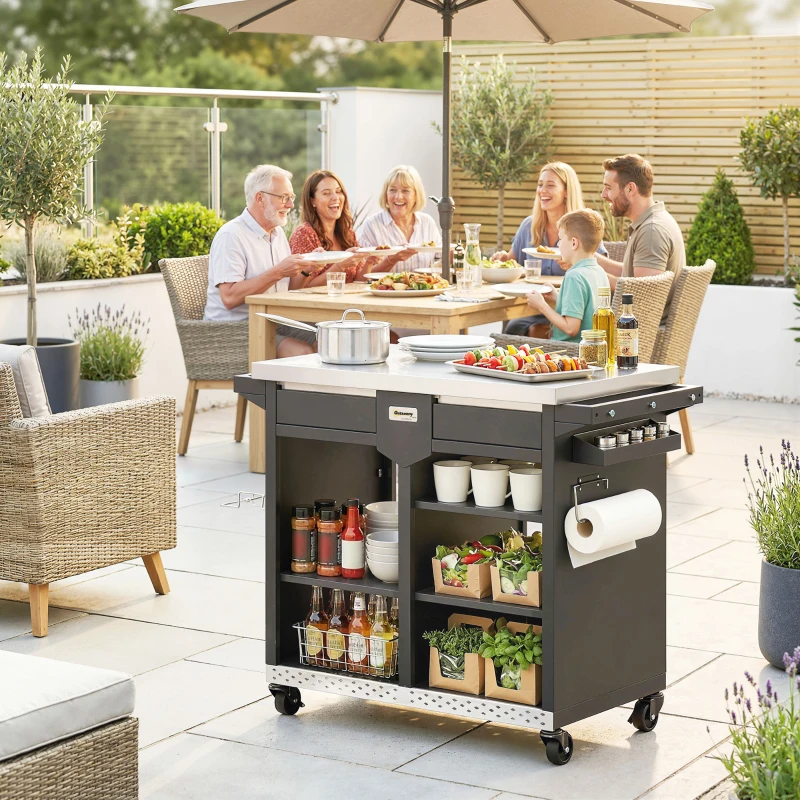 Outsunny Grillwagen 5-Etagen Grilltisch mit Edelstahl Arbeitsfläche verstellbar Regale Schublade Rollen Gewürzhalter Müllständer