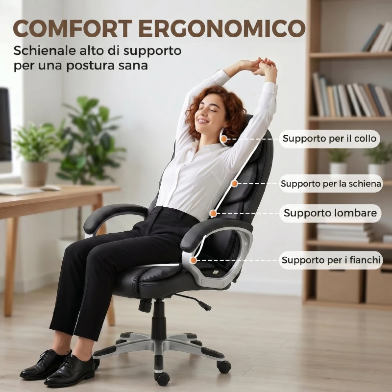 HOMCOM Sedia da Ufficio Ergonomica Girevole in Pelle PU con Dondolo e Altezza Regolabile, Nero