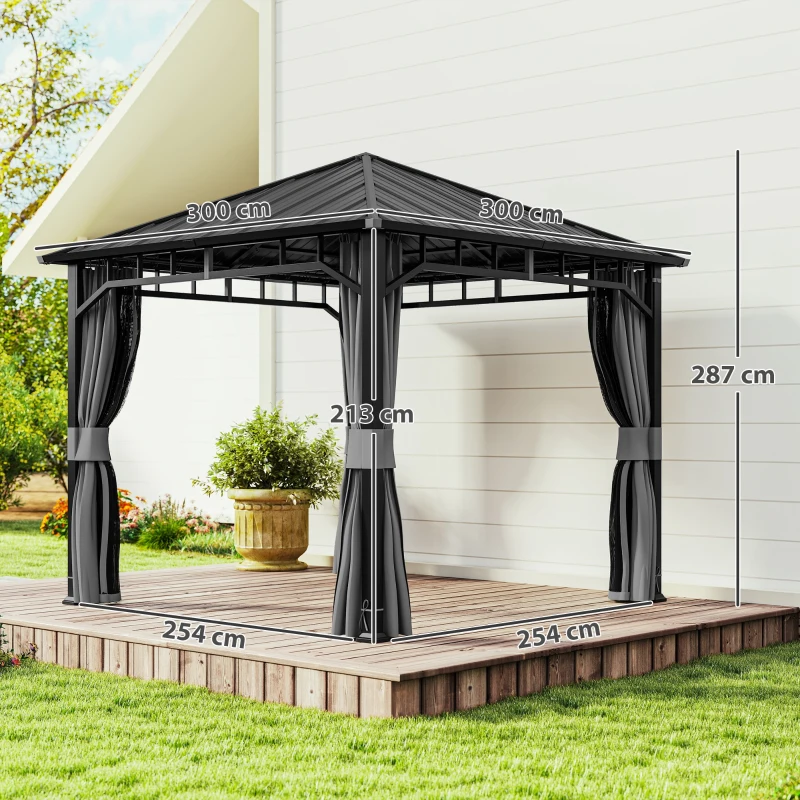 Outsunny Pavillon 3 x 3 m Wasserdicht Stabil Winterfest Gartenpavillon mit Seitenteile, Netze, Haken Hardtop Dunkelgrau