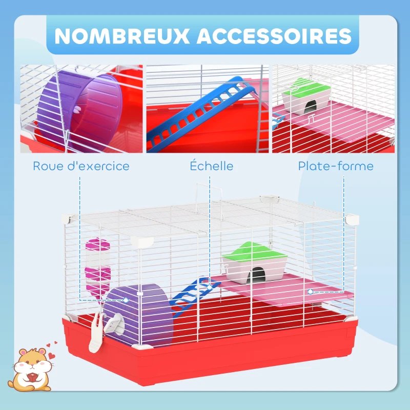 PawHut Cage hamster, cage rongeur à 2 niveaux, base amovible nettoyage facile, cabane, roue d'exercice, 47 x 30 x 27 cm, blanc