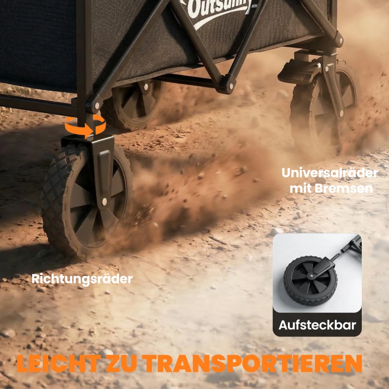 Outsunny Bollerwagen Faltbarer Handwagen Gartenwagen Transportwagen mit Griff Verstellbarer Griffhöhe Getränkehalter Schwarz
