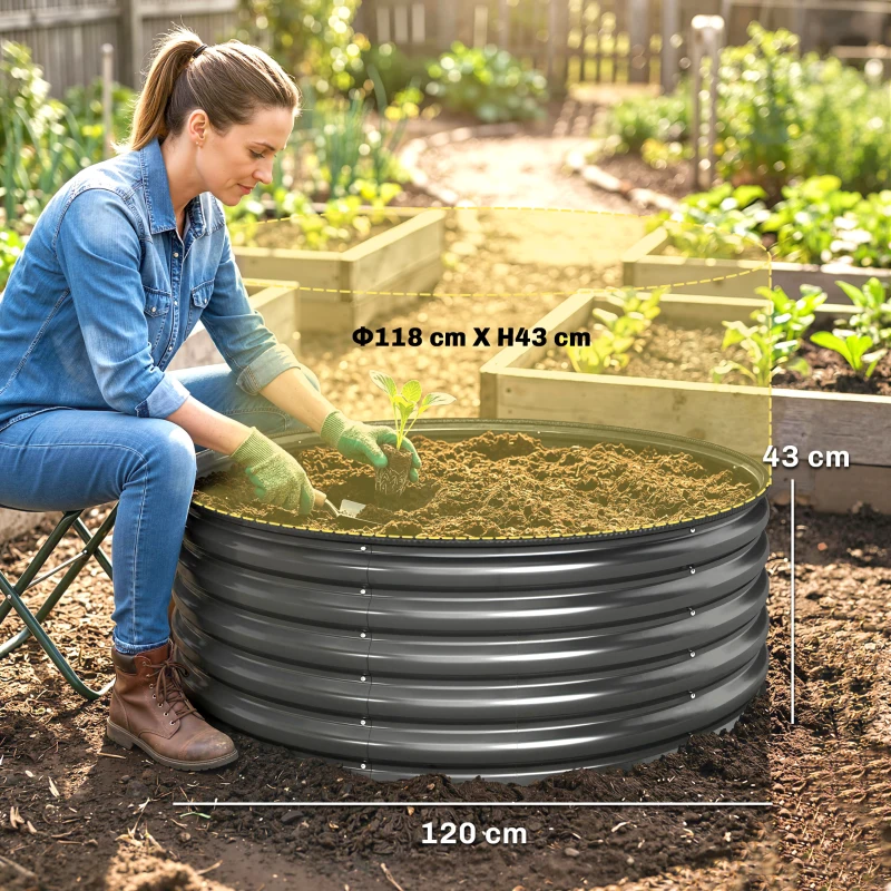 Outsunny Hochbeet, Verzinkter Pflanzkübel mit Sicherheitsrand, Pflanzbox mit offenem Boden, 120 x 120 x 43 cm, Dunkelgrau