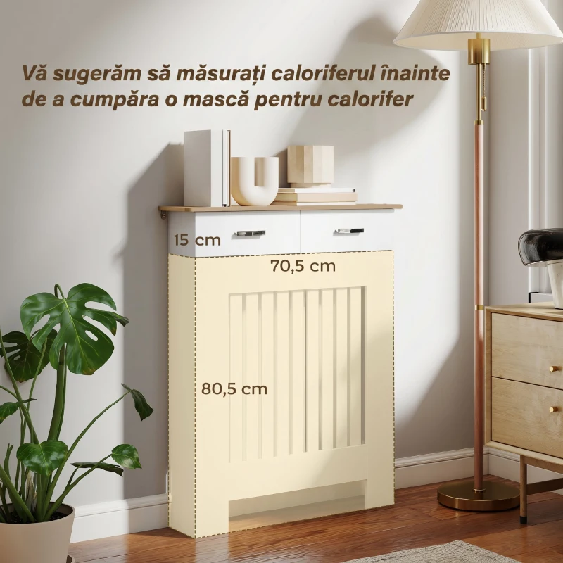 HOMCOM Masca pentru calorifer cu șipci, sistem anti-răsturnare și sertar, din lemn, 78x19x97 cm, alb
