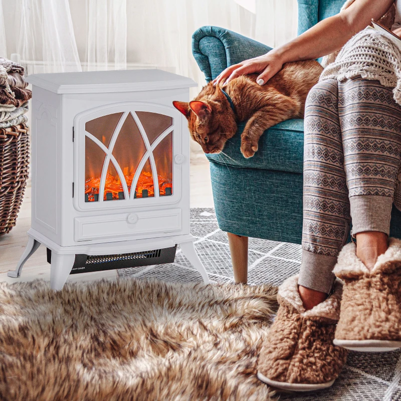 HOMCOM Cheminée électrique sur pied 1000/2000 W, fausse cheminée décorative avec effet flamme LED, blanc