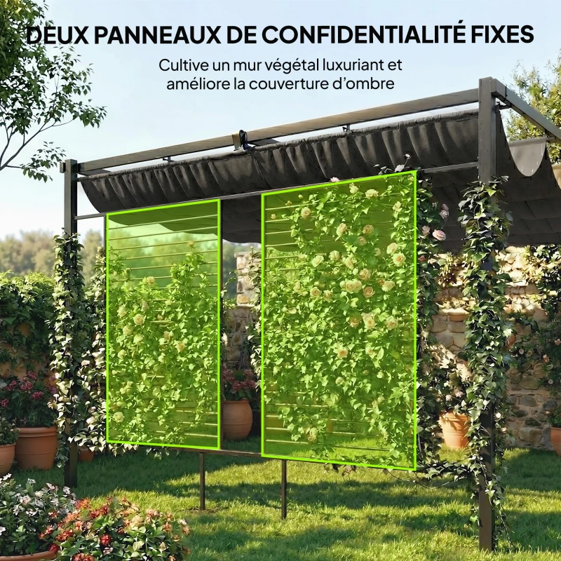 Outsunny Pergola de Jardin Tonnelle à Vigne UV50+ Toit Rétractable Panneaux d'Intimité pour Plantes Grimpantes 3x4m Gris Foncé