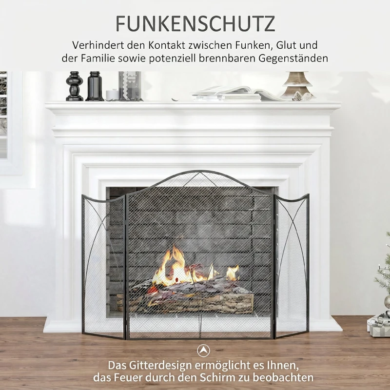 HOMCOM Ecran de protecție pentru șemineu, pliabil în 3 părți, din metal, 108x24x76 cm, negru