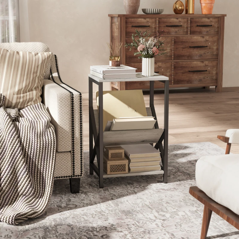 HOMCOM Table d'appoint étroite, bout de canapé rangement à 3 niveaux, porte-revues en V, cadre en acier, 40x30x61cm, gris foncé