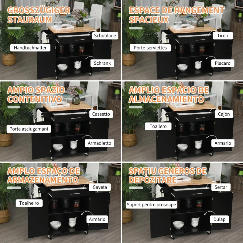 HOMCOM Dulap mobil de bucătărie cu sertar, dulap cu 2 uși, roți și bară laterală, 83x45x91.5cm, negru(m-4)