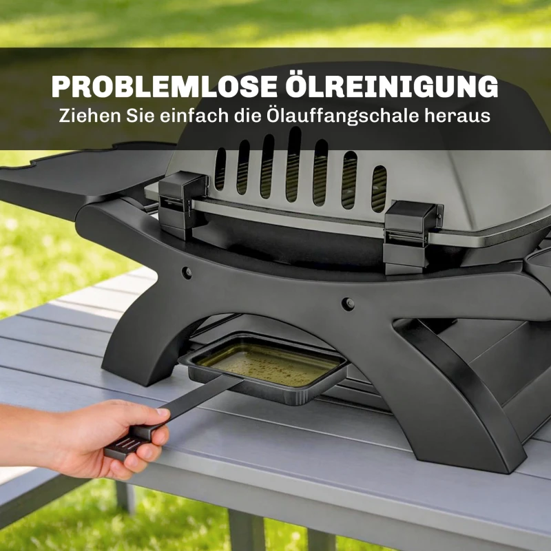 Outsunny Gasgrill 3,3 KW Tischgrill mit 1 Brenner klappbar Seitentischen Gusseisen Grillroste herausnehmbar Fettauffangschale