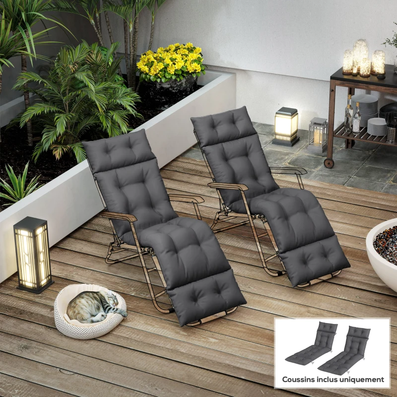 Outsunny Lot de 2 coussins de chaise longue coussin bain de soleil épais, confortable - 6 attaches, 190 x 56 x 10 cm, gris foncé